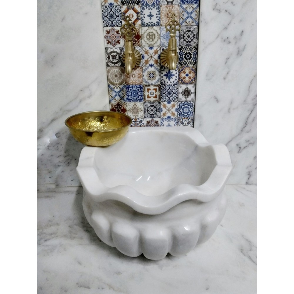 Beyaz Dalgalı Kavun Dilimi Mermer Kurna Beyaz Dalgalı Kavun Dilimi Mermer Kurna