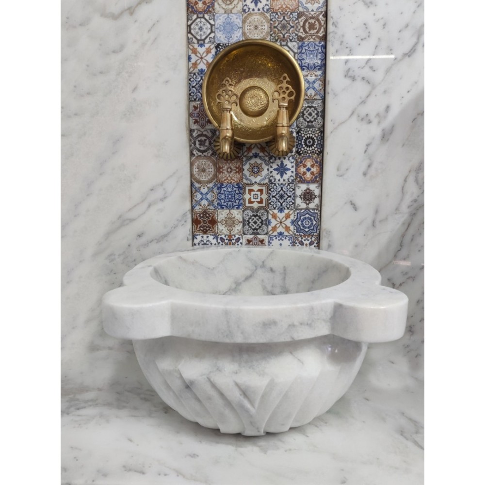 Beyaz Çapraz Dilimli Mermer Kurna