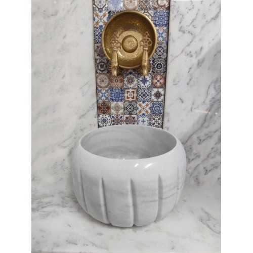 Beyaz Modern Kavun Dilimli Mermer Kurna