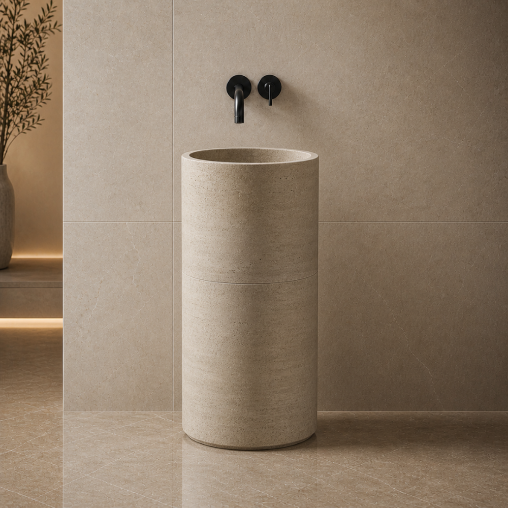 Traverten Silindir Dikey Lavabo Traverten Silindir Dikey Lavabo