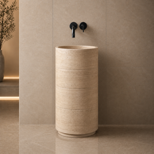 Traverten Silindir Fugalı Dikey Mermer Lavabo