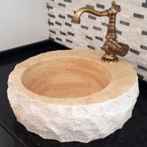 Traverten Batarya Delikli Patlatma Mermer Lavabo