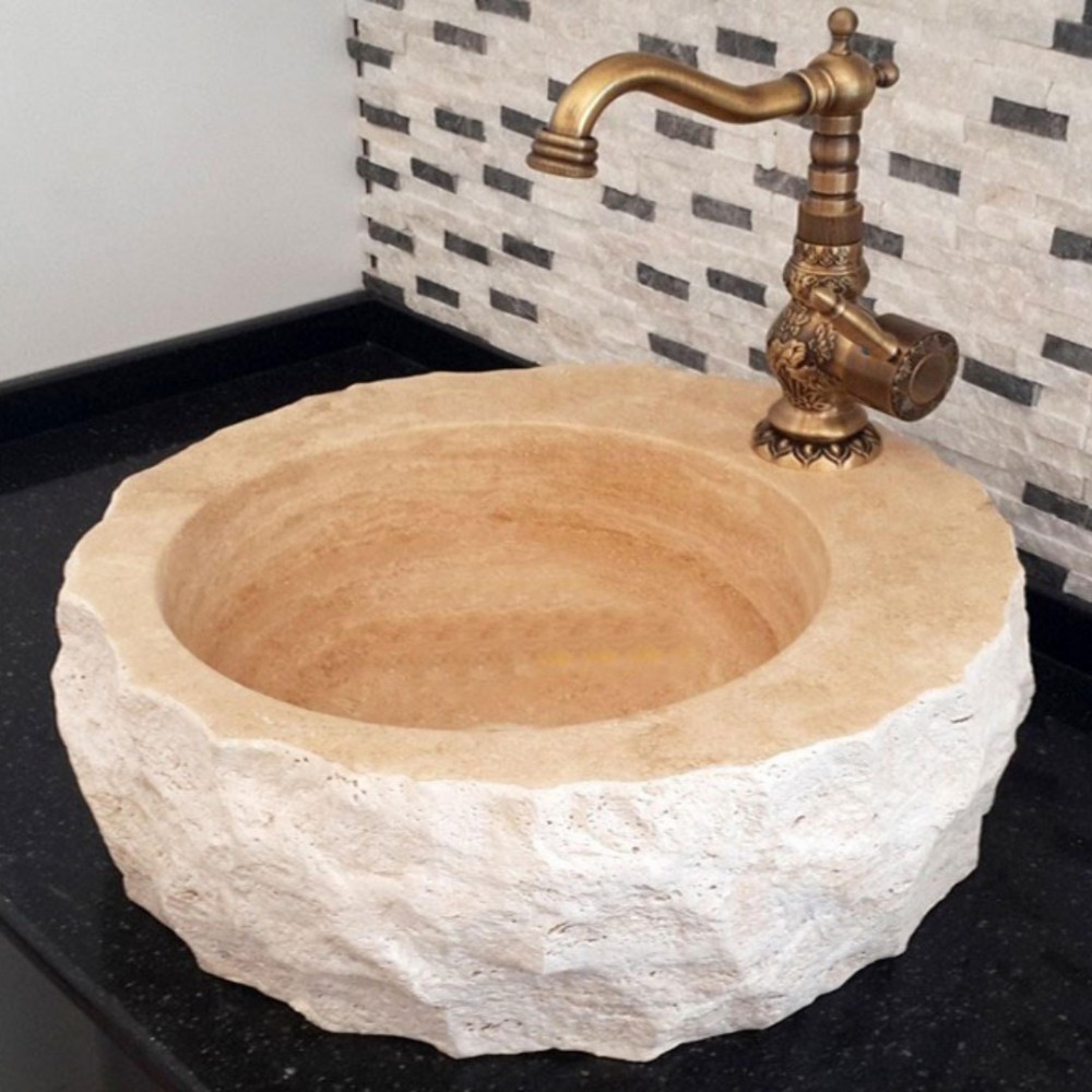 Traverten Batarya Delikli Patlatma Mermer Lavabo