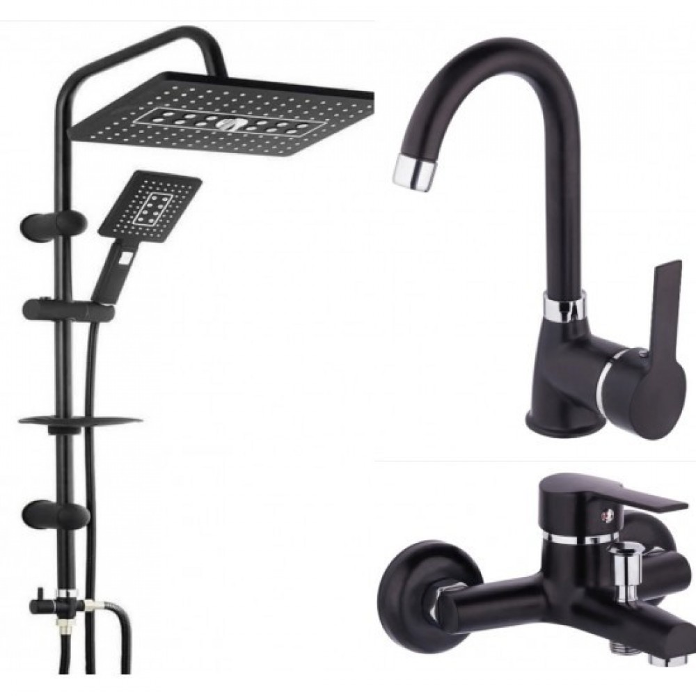 Siyah Kare 3'Lü Banyo Seti- Duş Robotu, Banyo Bataryası, Lavabo Bataryası Siyah Kare 3'Lü Banyo Seti- Duş Robotu, Banyo Bataryası, Lavabo Bataryası