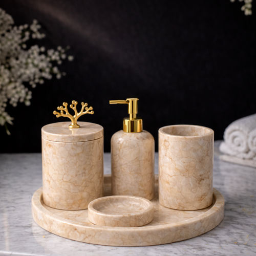 Bej 5'li Mermer Banyo Seti