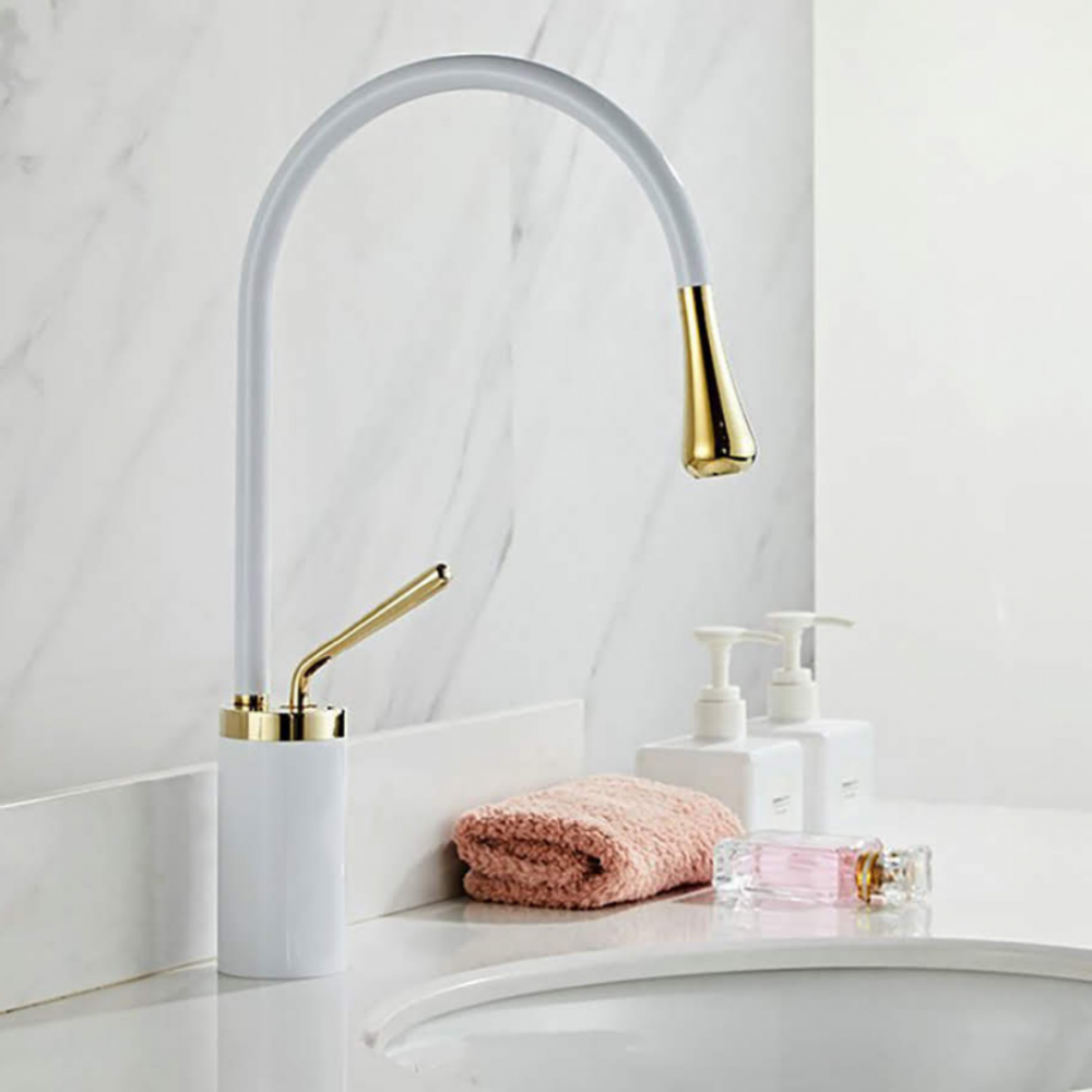 Beyaz - Gold Minimal Mid Lavabo Bataryası Beyaz - Gold Minimal Mid Lavabo Bataryası