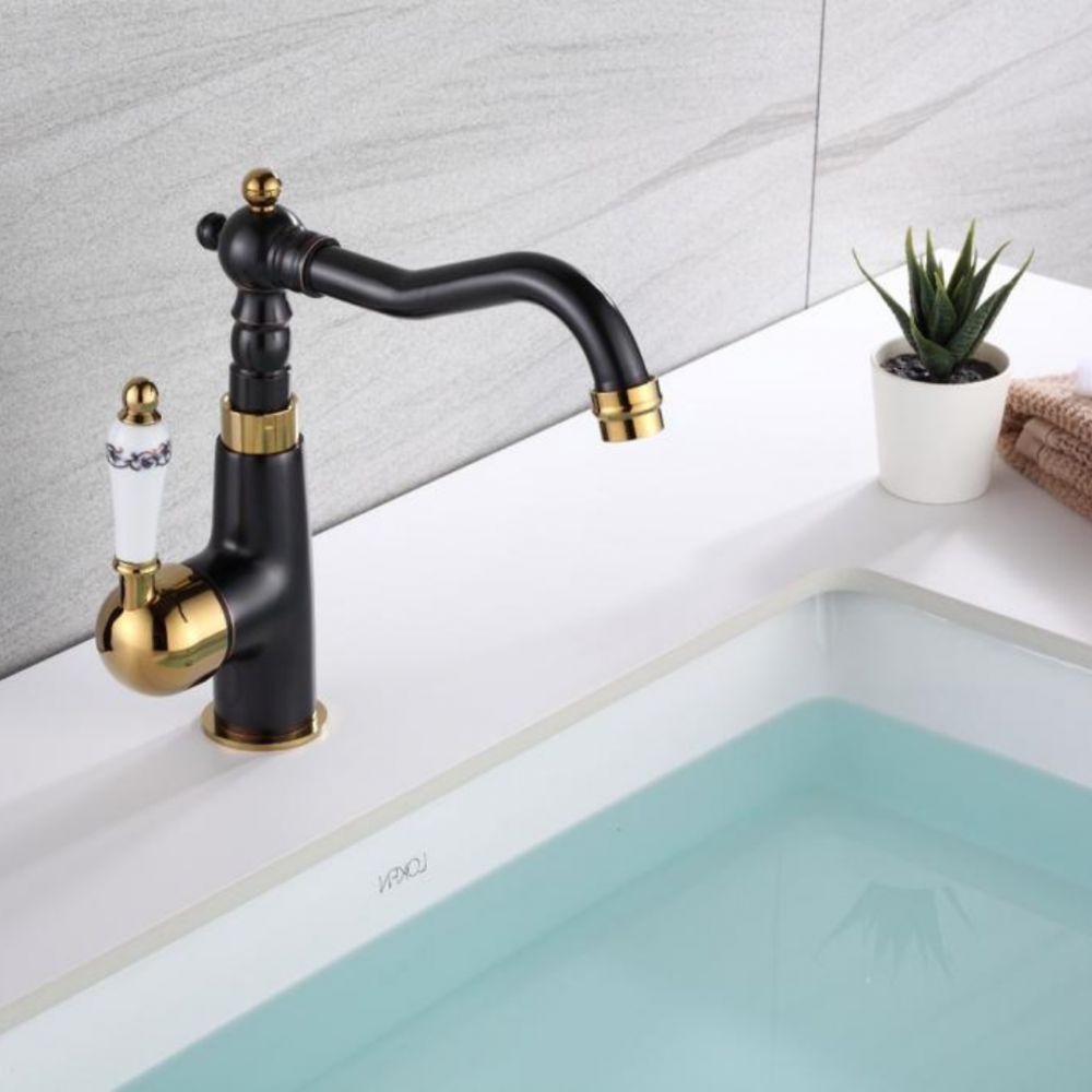 Siyah - Gold Rustik Porselenli Lavabo Bataryası Siyah - Gold Rustik Porselenli Lavabo Bataryası