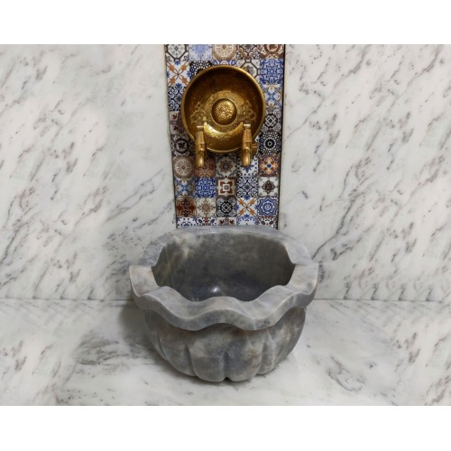 Gri Dalgalı Kavun Dilimli Mermer Kurna