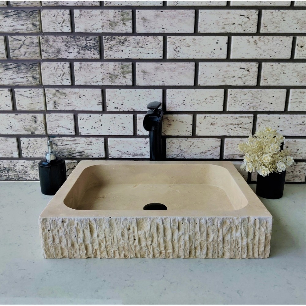 Traverten Dik Patlatma Mermer Lavabo