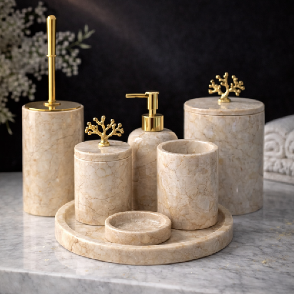 Bej 7'li Mermer Banyo Seti