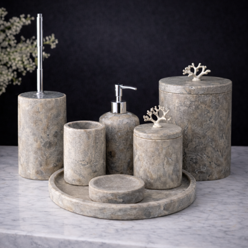 Silver Traverten 7'li Mermer Banyo Seti