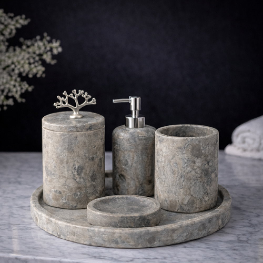 Silver Traverten 5'li Mermer Banyo Seti Silver Traverten 5'li Mermer Banyo Seti